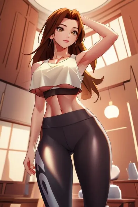 masterpiece,best quality,absurdres,photorealistic,mature female,sagging breasts,<lora:caiyun:0.6>,brown_hair,long_hair,brown_eyes,large_breasts,cleavage,collarbone,((crop top, underboob)),yoga pants,