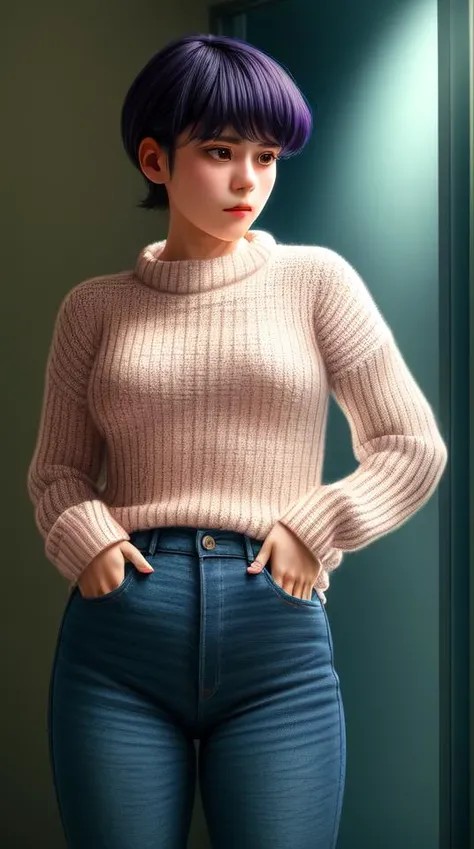 pixel-Komi-Shuuko, 1girl, solo, knitted sweater, tight jeans<lora:komi-Shuuko-LoRA:0.6> <lora:more_details:0.75>, masterpiece, best quality, photorealistic, realistic, (RAW photo, 8k uhd, film grain), caustics, subsurface scattering <hypernet:myhands_22k:0.75>