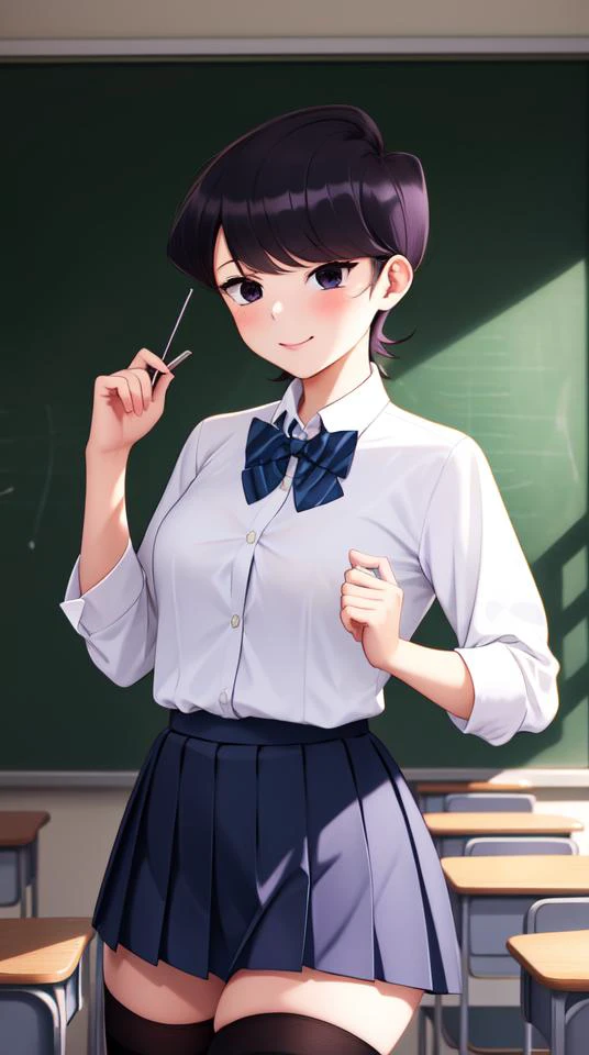 pixel-Komi-Shuuko, 1girl, solo <lora:komi-Shuuko-LoRA:0.6>, 1girl, school uniform, bow tie, jacket, white shirt, pleated skirt, black thighhighs, classroom, masterpiece, best quality <hypernet:myhands_22k:0.75>