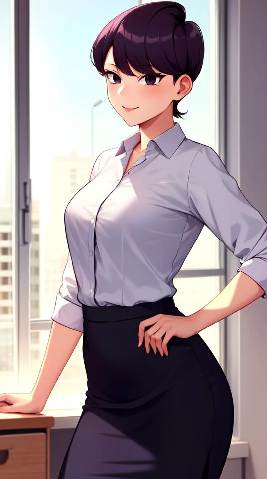 pixel-Komi-Shuuko, 1girl, solo <lora:komi-Shuuko-LoRA:0.6>, 1girl, suit, office lady, pencil skirt, office desk, masterpiece, best quality <hypernet:myhands_22k:0.75>
