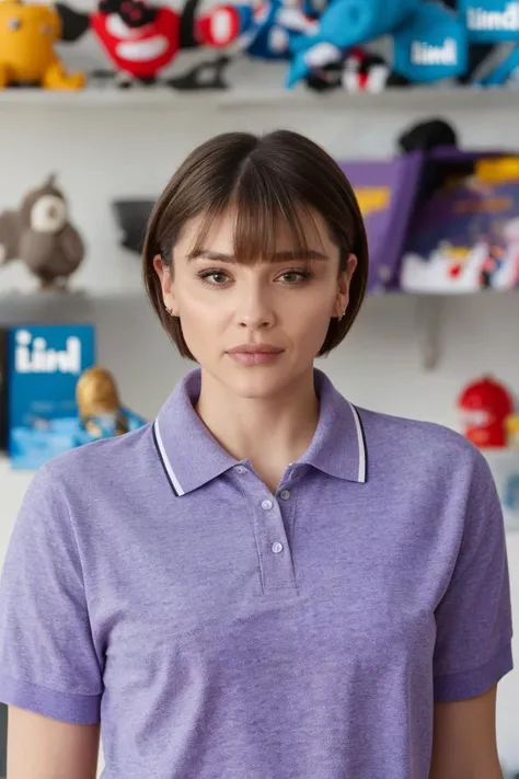 (LinkedIn style portrait:1.25), upper body, 1girl, woman in a purple polo tee, toy shop background, pixie cut, bangs, soft colors, bokeh, masterpiece, high quality, (high detailed skin:1.1)
<lora:chloë_grace_moretz_lora_v01:1> chloe97