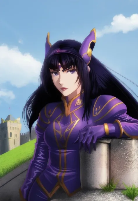 high quality, extremely detailed, perfect face,  <lora:RoseLoD:.9>, Rose, purple latex jacket, long black hair, asymmetrical footwear, headgear, sword, ((castle rampart)), sitting on ledge, ((crossed legs))