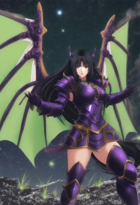 1girl, absurdres, armor, backlighting, belt, boots, bow, breasts, cloud, commentary_request, company_name, day, detached_collar, dragon, draph, dress, dual_wielding, elbow_gloves, forte_(shingeki_no_bahamut), gloves, head_tilt, highres, holding, light_particles, long_hair, looking_to_the_side, monster, official_art, pauldrons, polearm, purple_dress, purple_footwear, purple_gloves, purple_hair, roaring, rock, serious, sharp_teeth, shingeki_no_bahamut, short_dress, shoulder_armor, size_difference, small_breasts, solo, spread_wings, stance, sunlight, tachikawa_mushimaro, teeth, thigh_boots, thighhighs, thighs, very_long_hair, weapon, wings