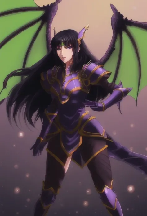 high quality, extremely detailed, perfect face,  <lora:RoseLoD:.9>, Rose, long black hair, head wear, Dark Dragoon Armor, purple armor, black tights, green dragon wings, night sky