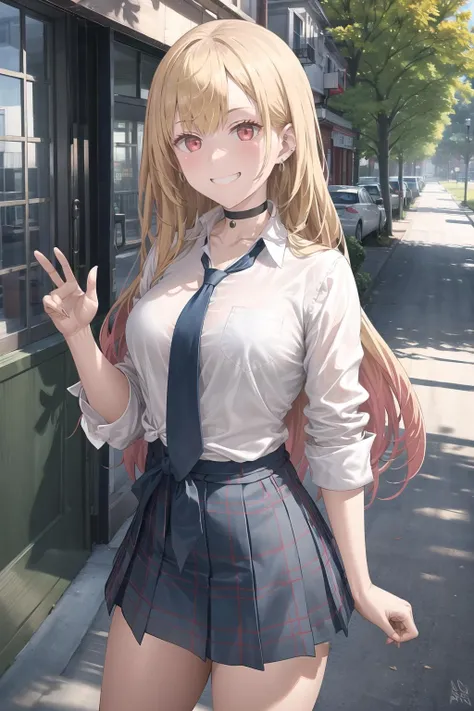 masterpiece, best quality, kitagawa marin, solo, blonde hair, long hair, multicolored hair, red eyes, jewelry, earrings, piercing, , white shirt open, black choker, plaid skirt, , (petite),
smile, open mouth, standing, clothes lift, medium breasts, nipples, Navel, street,