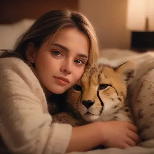 Emma Watson (25, extra busty) and her girlfriend (various race, age near 20, busty, hourglass figure) are both dressed in sheer colorful night gowns. They are passionately hugging and kissing while their pet cheetah tries to sleep. Romantic lit Bedroom