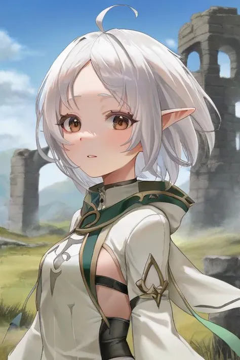 closeup Sylphiette, white hair, brown eyes, plains and ruins on background <lora:SylphietteXL:0.8>