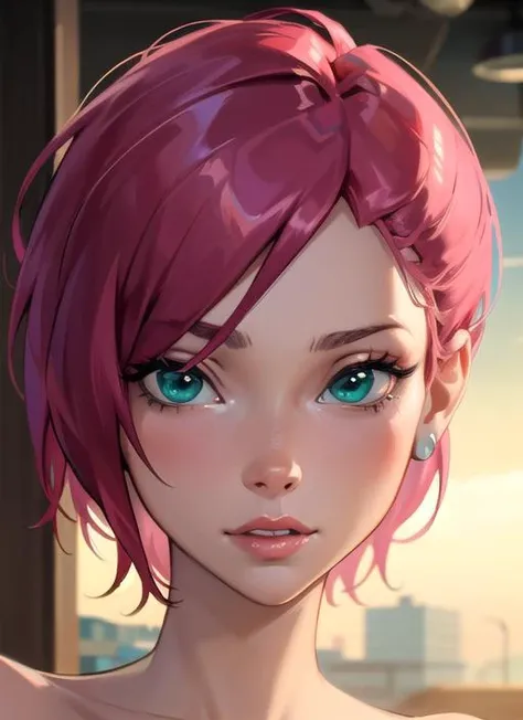 a beautiful picture of Tecna, masterpiece, photorealistic, detailed, 4k, HDR, backlighting, bloom, light, RAW color photo, smooth skin, pink hair, short hair, detailed face, green eyes, nude, <lora:WinxClubTecna-10:0.9>