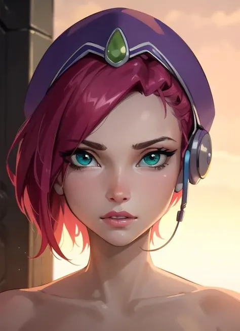 a beautiful picture of Tecna, masterpiece, photorealistic, detailed, 4k, HDR, backlighting, bloom, light, RAW color photo, smooth skin, pink hair, short hair, detailed face, green eyes, nude, <lora:WinxClubTecna-10:0.9>