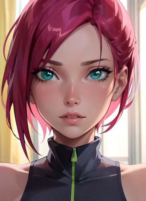 seducing lipbite, (dark tanned skin:2.5), (underboob cropped top:1.2), (((1woman))), (short red hair:1.2), (the most beautiful green eyes:1.2), (tomboy:1.2), abs, 8k, Unreal Engine 5, octane render, trending on pixiv, fanbox, skeb, masterpiece, detailed face, smooth soft skin, big dreamy eyes, beautiful intricate colored hair, anime wide eyes, soft lighting, concept art, digital painting, <lora:Lip_Bite_Concept_SDXL:0.7>