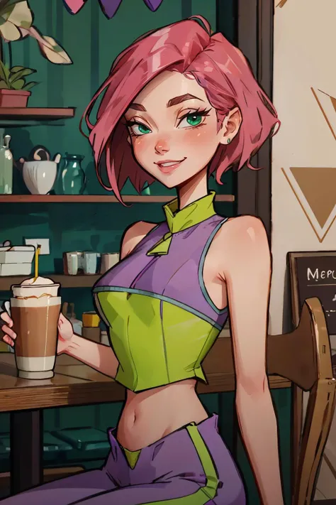 Tecna,short pink hair, green eyes,CasualOutfit, sleeveless purple and green croptop, looking at viewer, smiling,upper body shot, sitting, behind table, inside cozy cafe, holding coffee cup, playful ambiance,  high quality, masterpiece, <lora:WinxClubTecna:.8>