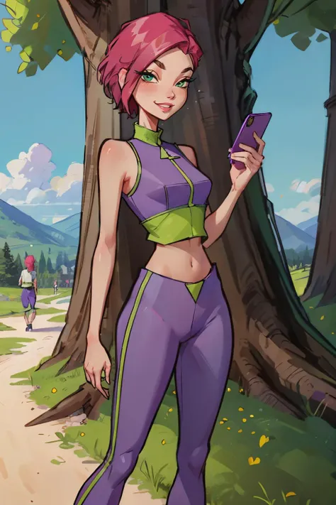 Tecna,short pink hair, green eyes,CasualOutfit, sleeveless purple and green croptop, purple pants, looking at viewer, smiling, standing, holding cell phone, outside, park, trees, scenic path, blue sky, high quality, masterpiece, <lora:WinxClubTecna:.8>