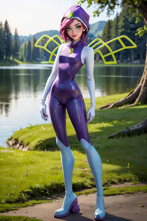 (ultra realistic,32k, masterpiece:1.2),(high detailed skin:1.1),( high quality:1.1),
<lora:WinxClubTecna:0.8>Tecna, (pink hair, green eyes, short hair),(mascara, long lashes:1.1),(FairyOutfit), (purple bodysuit, purple hood, gloves, knee boots, sparkling outfit, fairy wings), flower field, flowers,sunshine, pollen, pollen particles, blurry background,,(looking at viewer, standing,:1.1),, (huge breast,large breast:1.2),<lora:add_detail:0.82>,
(glow in the dark:1.1),
