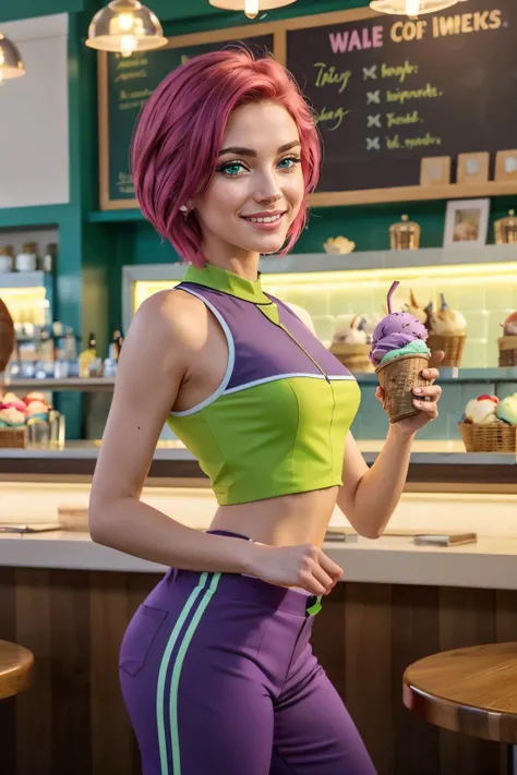 Tecna,short pink hair, green eyes,CasualOutfit, sleeveless purple and green croptop, purple pants, looking at viewer, smiling, happy, standing, inside ice cream parlor, holding ice cream, romantic ambiance, high quality, masterpiece, <lora:WinxClubTecna:.8>