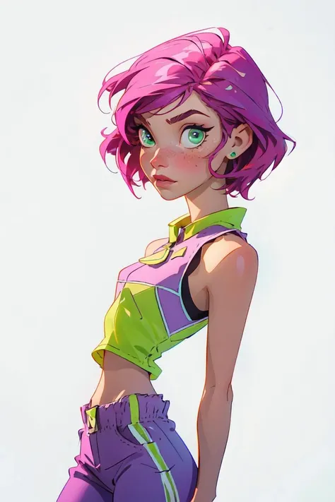 riley fairfeather, masterpiece, best quality 1girl, solo, 1girl, solo, freckles, dark skin, dark-skinned female, purple eyes, short hair, green hair, multicolored hair, very short hair, black hair, undercut, gradient hair, two-tone hair, piercing, ear piercing, nose piercing, small breasts, full body, choker, standing, hands behind back, neon body paint, painted on clothes, naked,