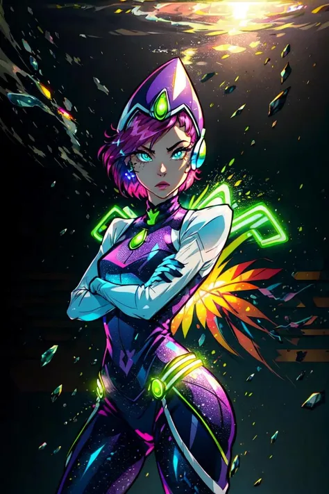 (Tecna), (pink hair, green eyes, short hair), (FairyOutfit), (purple bodysuit, purple helmet, gloves, knee boots, sparkling outfit, fairy wings), (realistic:1.2), (masterpiece:1.2), (full-body-shot:1),(Cowboy-shot:1.2), neon lighting, dark romantic lighting, (highly detailed:1.2),(detailed face:1.2), (gradients), colorful, detailed eyes, (natural lighting:1.2), (neutral standing pose:1.2), (solo, one person, 1girl:1.5),<lora:WinxClubTecna-10:0.9> <lora:add_detail:0.15> <lora:hipoly3DModelLora_v10:0.05> <lora:RSERomantic_RSESofiko_RSEEmma-v1:0.1> <lora:BeautifulEyes:0.65>