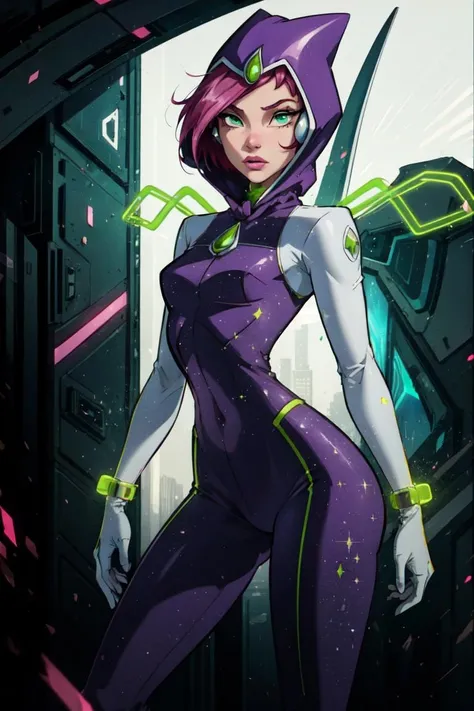 (Tecna), (pink hair, green eyes, short hair), (FairyOutfit), (purple bodysuit, purple hood, gloves, knee boots, sparkling outfit, fairy wings), (green technology background:1.2), (realistic:1.2), (masterpiece:1.2), (full-body-shot:1),(Cowboy-shot:1.2), neon lighting, dark romantic lighting, (highly detailed:1.2),(detailed face:1.2), (gradients), colorful, detailed eyes, (natural lighting:1.2), (neutral standing pose:1.2), (solo, one person, 1girl:1.5),<lora:WinxClubTecna-10:0.9> <lora:add_detail:0.15> <lora:hipoly3DModelLora_v10:0.05> <lora:RSERomantic_RSESofiko_RSEEmma-v1:0.1> <lora:BeautifulEyes:0.65>