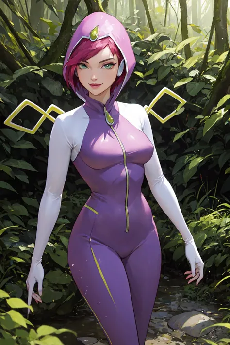 masterpiece, best quality, ultra-detailed, Tecna, ((milf, mature face, tall), pink hair, green eyes, short hair, FairyOutfit, purple bodysuit, purple hood, gloves, knee boots, sparkling outfit, fairy wings, standing, smile, in a forest, realistic, cowboy shot, volumetric lighting, intricate details, tonemapping, sharp focus, hyper detailed, <lora:WinxClubTecna:1>