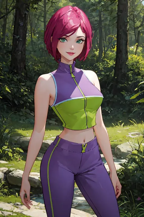 masterpiece, best quality, ultra-detailed, Tecna, solo, ((milf, mature face, tall), thick, pink hair, green eyes, short hair, CasualOutfit, sleeveless purple and green croptop, purple pants, standing, smile, in a forest, realistic, cowboy shot, volumetric lighting, intricate details, tonemapping, sharp focus, hyper detailed,   <lora:WinxClubTecna:1>