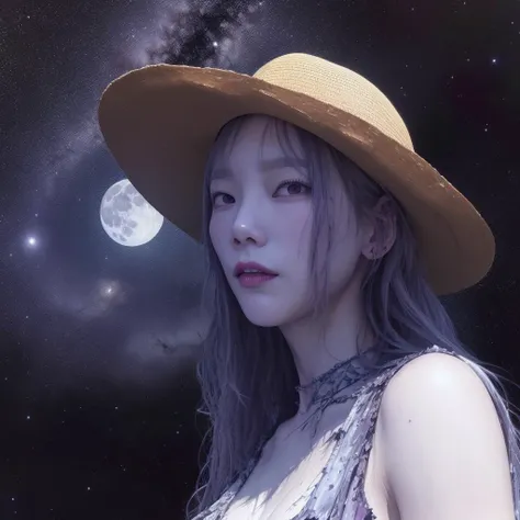 portrait of snsdtaeyeon, wearing a hat and cowgirl outfit with a fancy cape, snsdtaeyeon on a mountain top at night with the bright moon light, (sinking melting and shattered giant moon), space station, (covered in oil:1.2), [textured oil painting: RAW photograph], a giant fire, random streaks lines of color, glitch art, starry night, 8k uhd, melted burnt cheese, webs, unreal engine render, film still, film grain, high contrast lighting, galactic pool of biscuits and gravy, craven giant, cavernous watermelon, (heavy metal album cover), <lora:SNSD_Taeyeon_V1-[snsdtaeyeon]:1>, [my farts smell delicious],(by Artist James Jean:1.3),(by Artist Sabbas Apterus:1.3),(Afrofuturism:1.3),(close portrait:1.3),(Feminine:1.4),(beautiful:1.4),(attractive:1.3),handsome,calendar pose,perfectly detailed eyes,studio lighting,thematic background