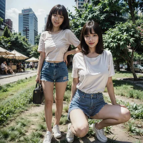 Taiwanese girl on street, squatting standing put arm around her friend's shoulder,(very_long_hair,grass,cityscape,from below:1.1),pastel pink t_shirt,denim short,bangs,smile,
(RAW photo, best quality), (realistic, photo-realistic:1.3), best quality ,masterpiece, an extremely delicate and beautiful, extremely detailed, Amazing, finely detail, masterpiece,best quality, extremely detailed CG unity 8k wallpaper,huge filesize , ultra-detailed, highres, extremely detailed ,<lora:InstantPhotoX3:0.5>, 8k uhd, dslr, high quality, film grain, Fujifilm XT3,,, very_long_hair,<lora:very_long_hair:0.3>