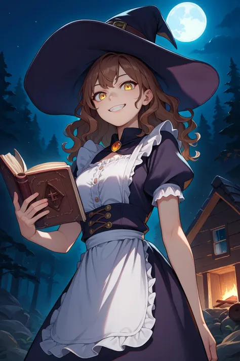 score_9, score_8_up, score_7_up, source_anime, from below, cowboy shot, looking at viewer, grin, brown hair, bangs, wavy hair, yellow eyes, witch, witch hat, puffy short sleeves, waist apron, holding book, outdoors, night, forest, cabin, stone, chimney, full moon