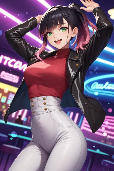 score_9, score_8_up, score_7_up, source_anime, dutch angle, cowboy shot, looking at viewer, smile, open mouth, 1girl, gradient hair, black hair, pink hair, green eyes, ponytail, bangs, leather jacket, turtleneck, high waist pants, dancing, indoors, nightclub, neon lights, bokeh, depth of field