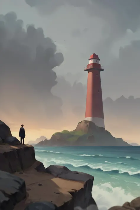 score_9, score_8_up, score_7_up, source_anime, full body, from behind, looking away, 1boy, mature male, brown hair, medium hair, black coat, black pants, hands in pocket, outdoors, rock, cliff, overcast, wind, ocean, fog, waves, floating island, lighthouse