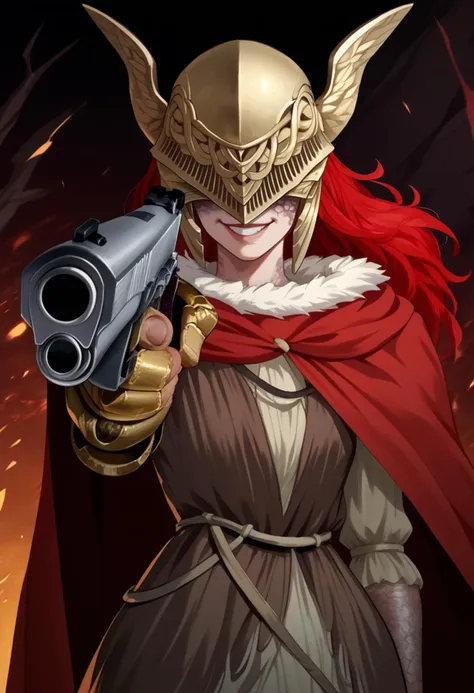 score_9, score_8_up, score_7_up, 1girl, MaleniaDef, red hair, covered eyes, helmet, fur trim, brown dress, red cape, armor, single scar on arm, single mechanical arm, <lora:Malenia_pdxl_Incrs_v2:1>, <lora:HandPointingAGunMeme_XLPD:1>, holding weapon, handgun, holding gun, aiming at viewer, revolver, finger on trigger, smile, creepy smile,