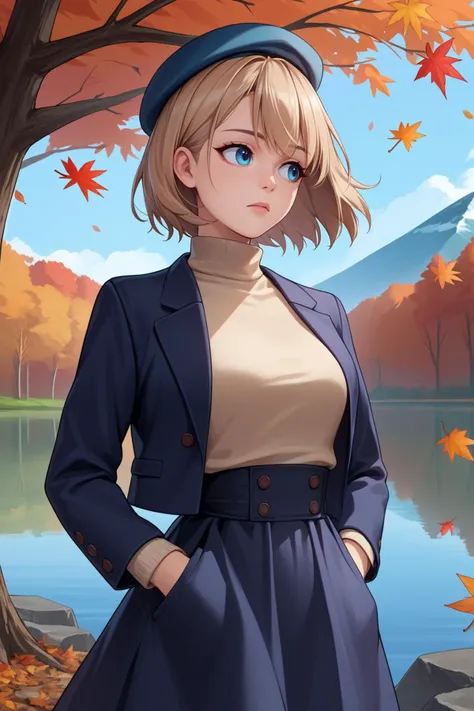 score_9, score_8_up, score_7_up, source_anime, facing viewer, upper body, looking to the side, 1girl, short hair, light brown hair, blue eyes, beret, blazer, turtleneck, high-waist skirt, pantyhose, hands in pocket, outdoors, autumn, lake, tree, mountain, falling leaves, wind