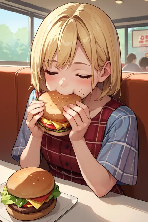 score_9, score_8_up, score_7_up, source_anime, upper body, closed eyes, happy, blush, 1girl, blonde hair, plaid dress, sitting, eating, food in mouth, food on face, indoors, burger, restaurant