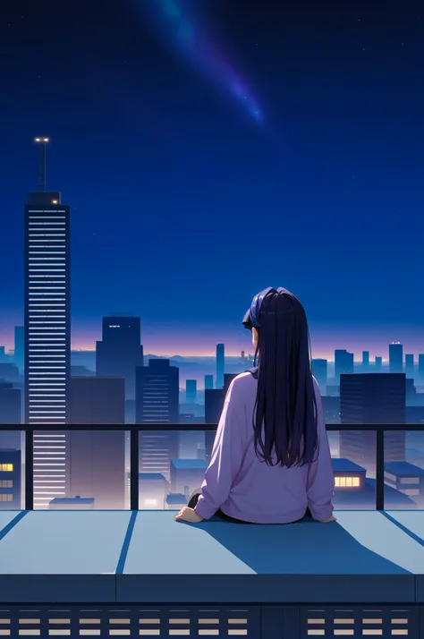 score_9, score_7_up, source_anime, 1girl, black hair, long hair, outdoors, on roof, apartment, skyline, night, purple sky, gradient sky, galaxy, city lights, milky way