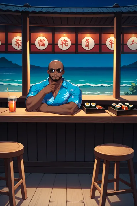 score_9, score_7_up, source_anime, outdoors, terrace, counter, stool, sushi, ocean, night, 1boy, blue kimono, short sleeves, restaurant, dark-skinned male, sunglasses, bald, very dark skin, beard