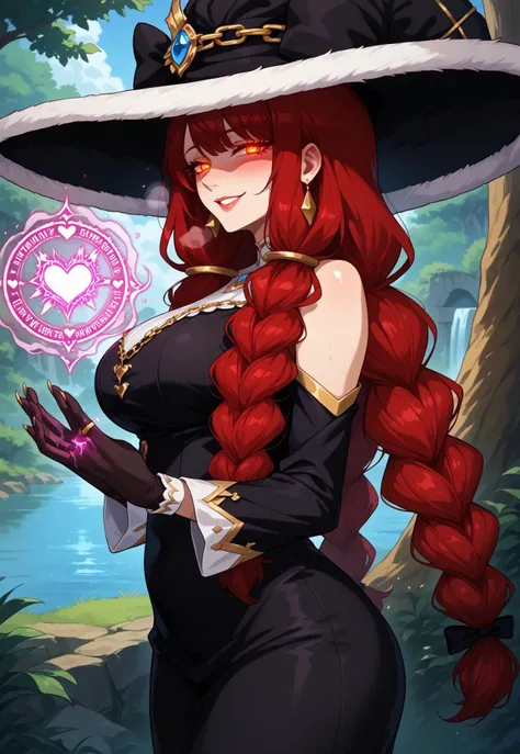 safe_pos, score_9, score_8_up, source_anime, censored,
BREAK,
happy and in love, sultry smile, half-closed eyes, perfect eyes, glowing eyes, perfect face, looking at viewer, Expressiveh, huge tits, mature female, milf, irbe, red hair, braid, red eyes, twin braids, long braid, irdef, braid, black gloves, long hair, witch hat, red hair, twin braids,earrings, detached sleeves, bare shoulders, orange eyes, chain, black dress, long dress, tight dress, ring hair ornament, 1girl, solo, wide hips, blush, text bubble, hearts, steam, heat,
standing, standing straight, hands using magic, magic circles on hands, red colored magic, arkane_dark, glowing, flowing, magic, sideview, from the side,
day, in a fantasy forest near a lake,