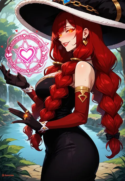 safe_pos, score_9, score_8_up, source_anime, censored,
BREAK,
happy and in love, sultry smile, half-closed eyes, perfect eyes, glowing eyes, perfect face, looking at viewer, Expressiveh, huge tits, mature female, milf, irbe, red hair, braid, red eyes, twin braids, long braid, irdef, braid, black gloves, long hair, witch hat, red hair, twin braids,earrings, detached sleeves, bare shoulders, orange eyes, chain, black dress, long dress, tight dress, ring hair ornament, 1girl, solo, wide hips, blush, text bubble, hearts, steam, heat,
standing, standing straight, hands using magic, magic circles on hands, red colored magic, arkane_dark, glowing, flowing, magic, sideview, from the side,
day, in a fantasy forest near a lake,