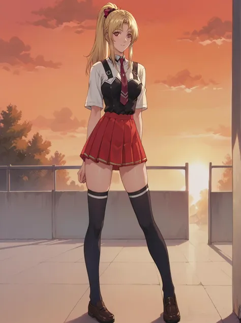 score_9, score_8_up, score_7_up, source_explicit,((full shot)),cute blonde  girl, ponytail ((blond hair)), thigh high socks, school uniform, sensual pose, erotic, sunset, clasroom  <lora:g0th1cPXL:0.4>   <lora:3ible_3lack:0.8> <lora:Sadamoto_Yoshiyuki_PonyXL_style_v01:0.5>