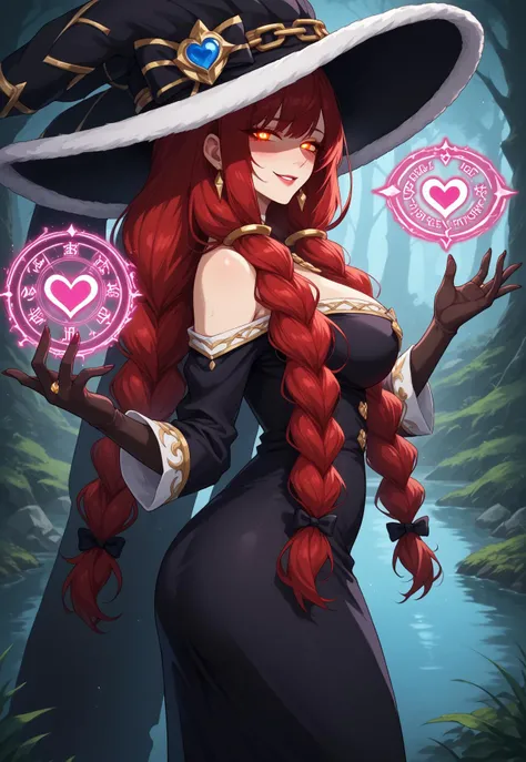 safe_pos, score_9, score_8_up, source_anime, censored,
BREAK,
happy and in love, sultry smile, half-closed eyes, perfect eyes, glowing eyes, perfect face, looking at viewer, Expressiveh, huge tits, mature female, milf, irbe, red hair, braid, red eyes, twin braids, long braid, irdef, braid, black gloves, long hair, witch hat, red hair, twin braids,earrings, detached sleeves, bare shoulders, orange eyes, chain, black dress, long dress, tight dress, ring hair ornament, 1girl, solo, wide hips, blush, text bubble, hearts, steam, heat,
standing, standing straight, hands using magic, magic circles on hands, red colored magic, arkane_dark, glowing, flowing, magic, sideview, from the side,
day, in a fantasy forest near a lake,