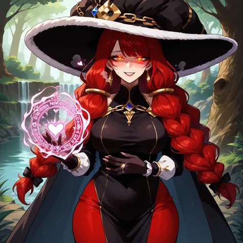safe_pos, score_9, score_8_up, source_anime, censored,
BREAK,
happy and in love, sultry smile, half-closed eyes, perfect eyes, glowing eyes, perfect face, looking at viewer, Expressiveh, huge tits, mature female, milf, irbe, red hair, braid, red eyes, twin braids, long braid, irdef, braid, black gloves, long hair, witch hat, red hair, twin braids,earrings, detached sleeves, bare shoulders, orange eyes, chain, black dress, long dress, tight dress, ring hair ornament, 1girl, solo, wide hips, blush, text bubble, hearts, steam, heat,
standing, standing straight, hands using magic, magic circles on hands, red colored magic, arkane_dark, glowing, flowing, magic,
day, in a fantasy forest near a lake,