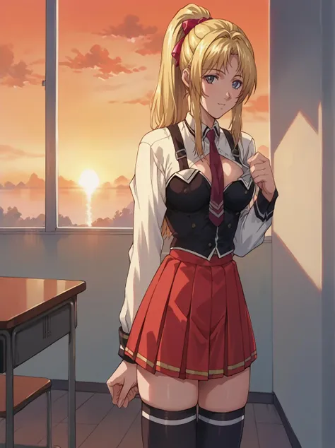 score_9, score_8_up, score_7_up, source_explicit, source_anime, cute blonde  girl, ponytail ((blond hair)), thigh high socks, school uniform, sensual pose, open chest, breast, undressing,  tits, erotic, sunset, clasroom, indoors  <lora:g0th1cPXL:0.4>   <lora:3ible_3lack:0.8> <lora:Sadamoto_Yoshiyuki_PonyXL_style_v01:0.5>