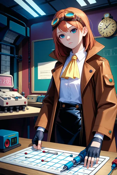 score_9, score_7_up, source_anime, cowboy shot, looking at viewer, expressionless, 1girl, goggles on head, coat, ascot, fingerless gloves, leather gloves, leather skirt, repairing, holding, circuit board, indoors, machinery, table, wall clock