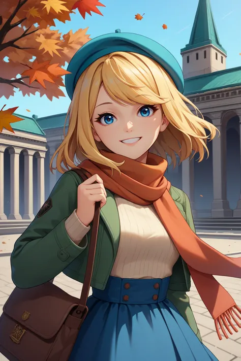 score_9, score_7_up, source_anime, upper body, looking at viewer, smile, 1girl, blonde hair, medium hair, swept bangs, blue eyes, scarf, open jacket, turtleneck sweater, beret, high-waist skirt, carrying bag, outdoors, european architecture, monument, autumn, wind