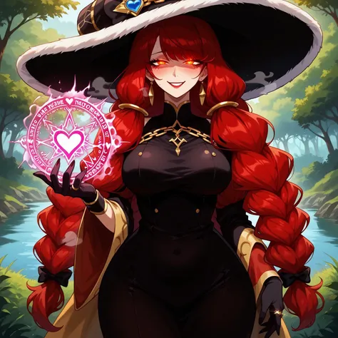 safe_pos, score_9, score_8_up, source_anime, censored,
BREAK,
happy and in love, sultry smile, half-closed eyes, perfect eyes, glowing eyes, perfect face, looking at viewer, Expressiveh, huge tits, mature female, milf, irbe, red hair, braid, red eyes, twin braids, long braid, irdef, braid, black gloves, long hair, witch hat, red hair, twin braids,earrings, detached sleeves, bare shoulders, orange eyes, chain, black dress, long dress, tight dress, ring hair ornament, 1girl, solo, wide hips, blush, text bubble, hearts, steam, heat,
standing, standing straight, hands using magic, magic circles on hands, red colored magic, arkane_dark, glowing, flowing, magic,
day, in a fantasy forest near a lake,