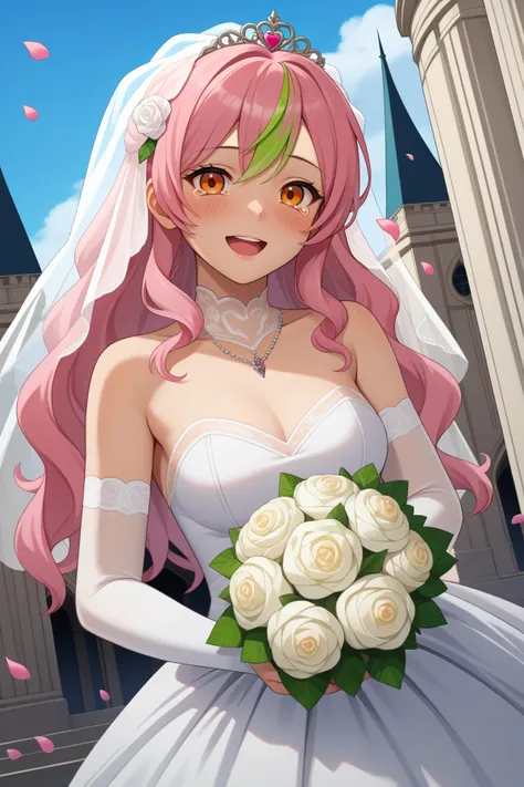 score_9, score_7_up, source_anime, dutch angle, cowboy shot, looking at viewer, smile, open mouth, blush, tears, 1girl, long hair, wavy hair, orange eyes, pink hair, streaked hair, green hair, bride, bridal veil, bridal gauntlets, wedding dress, holding bouquet, outdoors, falling petals, european architecture, cathedral