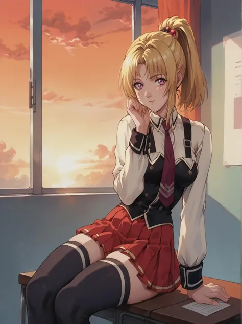 score_9, score_8_up, score_7_up, source_explicit,cute blonde  girl, ponytail ((blond hair)), thigh high socks, school uniform, sensual pose, erotic, sunset, clasroom, idoors  <lora:g0th1cPXL:0.4>   <lora:3ible_3lack:0.8> <lora:Sadamoto_Yoshiyuki_PonyXL_style_v01:0.5>