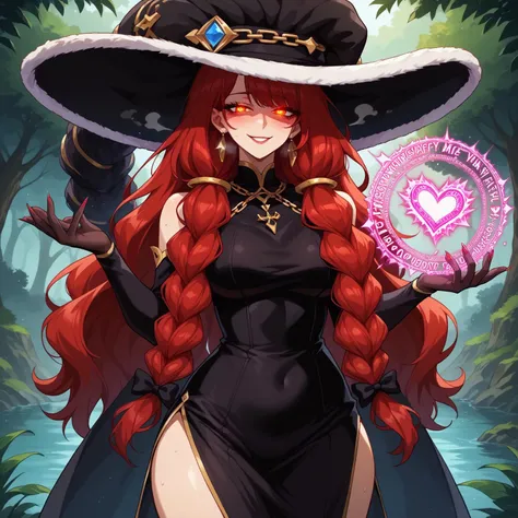 safe_pos, score_9, score_8_up, source_anime, censored,
BREAK,
happy and in love, sultry smile, half-closed eyes, perfect eyes, glowing eyes, perfect face, looking at viewer, Expressiveh, huge tits, mature female, milf, irbe, red hair, braid, red eyes, twin braids, long braid, irdef, braid, black gloves, long hair, witch hat, red hair, twin braids,earrings, detached sleeves, bare shoulders, orange eyes, chain, black dress, long dress, tight dress, ring hair ornament, 1girl, solo, wide hips, blush, text bubble, hearts, steam, heat,
standing, standing straight, hands using magic, magic circles on hands, red colored magic, arkane_dark, glowing, flowing, magic,
day, in a fantasy forest near a lake,