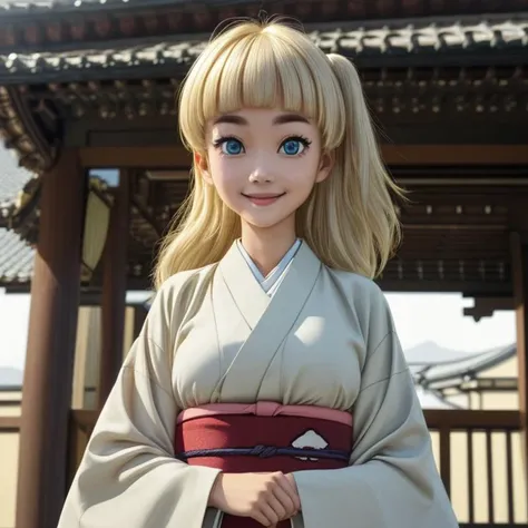 ((Full-Body Shot)),<lora:Shirara V1:0.7> Tsubaki Shirara, blue eyes, blonde hair, blonde thick eyebrows, colored eyebrows, pale skin, (long hair), blunt bangs, ((one side up)), cream kimono,
Masterpiece, Best quality, beautiful, ((upper body)), Human, looking at viewer, crisp, clear, Digital painting, oil painting, best quality, detailed hair, detailed background, detailed body, detailed eyes, full body, cute, smile, medium breast, round breast, perfect body, 1girl, solo, hands, young female,
east asian architecture, japanese clothes,
ultra high resolution, raw photo, deep shadow, low key, natural light,
<lora:Furtastic_Detailer:0.5> <lora:hairdetailer:0.5> <lora:skin_slider_v1:0.5>