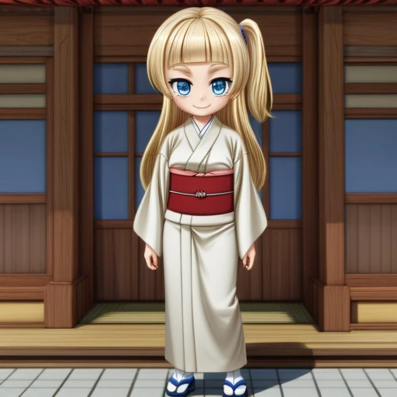 ((Full-Body Shot)),<lora:Shirara V1:0.7> Tsubaki Shirara, blue eyes, blonde hair, blonde thick eyebrows, colored eyebrows, pale skin, (long hair), blunt bangs, ((one side up)), cream kimono,
Masterpiece, Best quality, beautiful, ((full body)), Human, looking at viewer, crisp, clear, Digital painting, oil painting, best quality, detailed hair, detailed background, detailed body, detailed eyes, full body, cute, smile, medium breast, round breast, perfect body, 1girl, solo, hands, young female,
east asian architecture, japanese clothes,
ultra high resolution, raw photo, deep shadow, low key, natural light,
<lora:Furtastic_Detailer:0.5> <lora:hairdetailer:0.5>