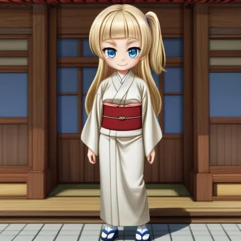 ((Full-Body Shot)),<lora:Shirara V1:0.7> Tsubaki Shirara, blue eyes, blonde hair, blonde thick eyebrows, colored eyebrows, pale skin, (long hair), blunt bangs, ((one side up)), cream kimono,
Masterpiece, Best quality, beautiful, ((full body)), Human, looking at viewer, crisp, clear, Digital painting, oil painting, best quality, detailed hair, detailed background, detailed body, detailed eyes, full body, cute, smile, medium breast, round breast, perfect body, 1girl, solo, hands, young female,
east asian architecture, japanese clothes,
ultra high resolution, raw photo, deep shadow, low key, natural light,
<lora:Furtastic_Detailer:0.5> <lora:hairdetailer:0.5>