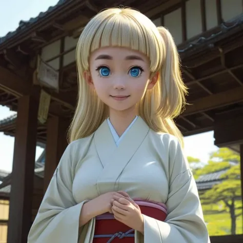 ((Full-Body Shot)),<lora:Shirara:0.9> Tsubaki Shirara, blue eyes, blonde hair, blonde thick eyebrows, colored eyebrows, pale skin, (long hair), blunt bangs, ((one side up)), cream kimono,
Masterpiece, Best quality, beautiful, ((upper body)), Human, looking at viewer, crisp, clear, Digital painting, oil painting, best quality, detailed hair, detailed background, detailed body, detailed eyes, full body, cute, smile, medium breast, round breast, perfect body, 1girl, solo, hands, young female,
east asian architecture, japanese clothes,
ultra high resolution, raw photo, deep shadow, low key, natural light,
<lora:Furtastic_Detailer:0.5> <lora:hairdetailer:0.5> <lora:skin_slider_v1:0.5>