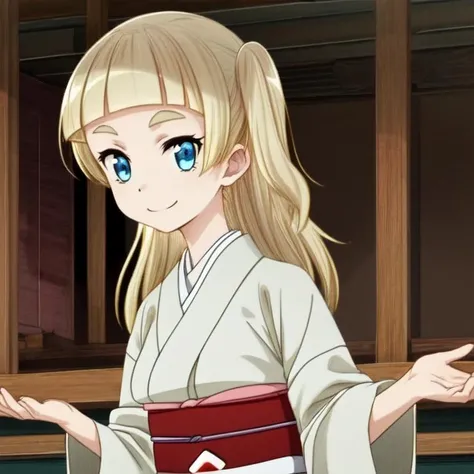 <lora:Shirara V1:0.8> Tsubaki Shirara, blue eyes, blonde hair, blonde thick eyebrows, colored eyebrows, pale skin, (long hair), blunt bangs, ((one side up)), cream kimono,
Masterpiece, Best quality, beautiful, ((upper body)), Human, looking at viewer, crisp, clear, Digital painting, oil painting, best quality, detailed hair, detailed background, detailed body, detailed eyes, full body, cute, smile, medium breast, round breast, perfect body, 1girl, solo, hands, (white tabi, purple obijime, red obi, zouri, han'eri, pink obiage,)
east asian architecture, japanese clothes,
ultra high resolution, raw photo, deep shadow, low key, natural light,
<lora:Furtastic_Detailer:0.5> <lora:hairdetailer:0.5> <lora:skin_slider_v1:0.5>
